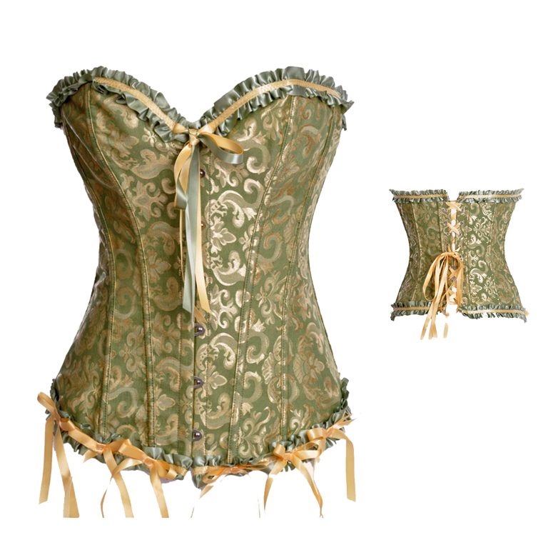 New Sexy green Boned Lace Up Corset  Bustier with ribbon +G-string  factory supplier S-2XL