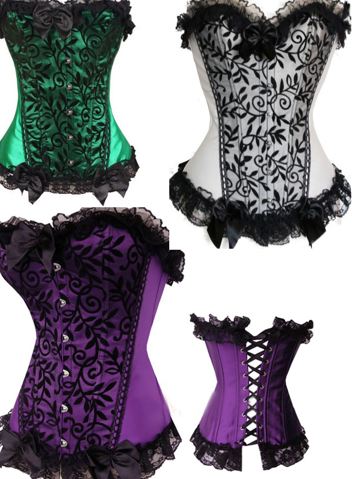 New Sexy Lingerie 3 Colors Lace leaf print Overlay Women's Lace Up Boned Top Corset&Bustier