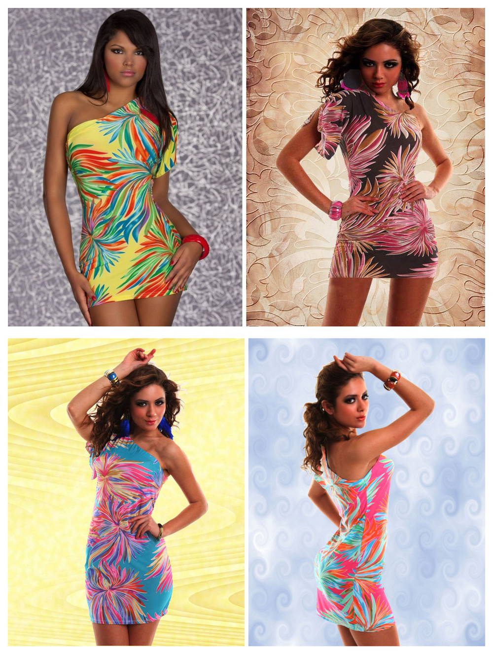 New Sexy One Shoulder Daisy Print Blue/Hot Pink/Coffee/Yellow Mini Clubbing Dress Clubwear M/XXL Free Shipping @X4136