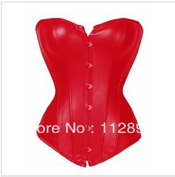 New Sexy red faux leather corset busiter lace up boned steel busk front S-2XL M0244