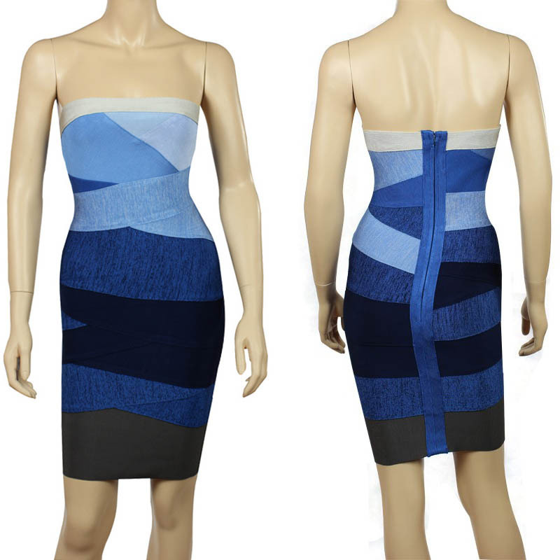 New Sexy Women Bandage Bodycon Strapless Blue Gradient Color Bandage Evening Party Dress