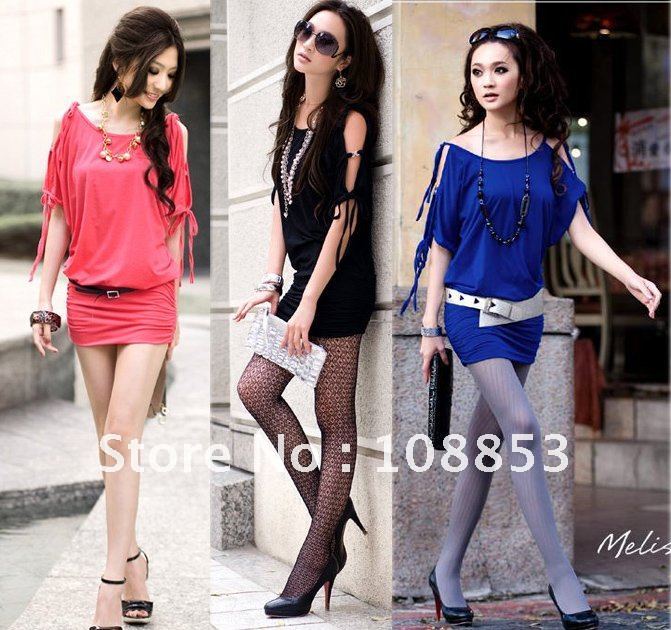 New Sexy Women Korea Off the Shoulder Collar Strappy Batwing Mini Dress Skirts Long T-Shirt 3 Colors Free Shipping 0073