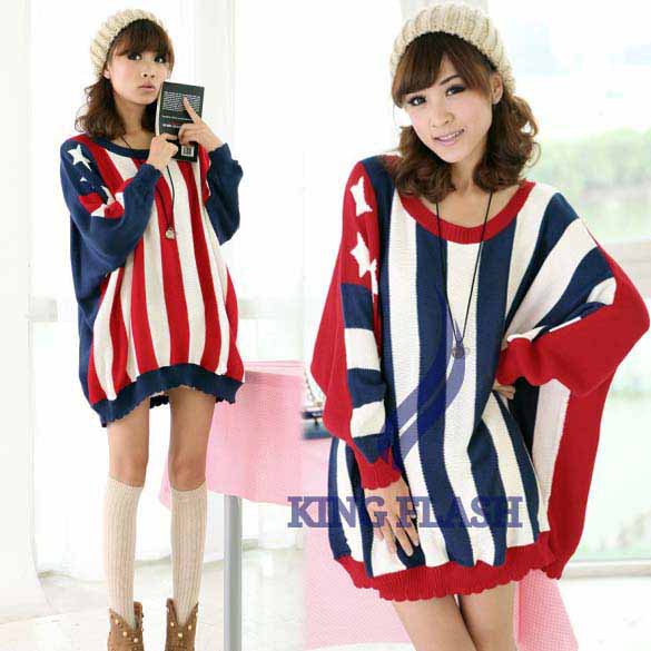 New Sexy Women's American flag Sweater Batwing Sleeve Jumper Loose Stripe Knitwear Red/Blue free shipping 7711