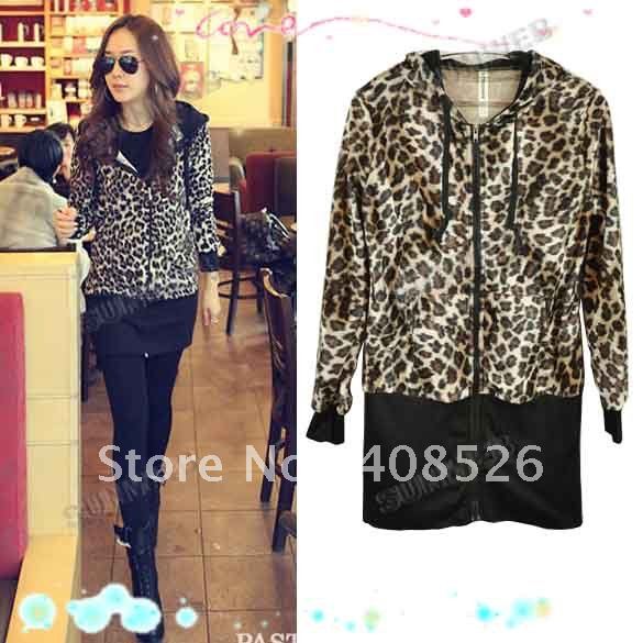 New Sexy Women's Slim Leopard Jacket Hooded Zip Up Coat long Sleeve Tops free shipping 7309