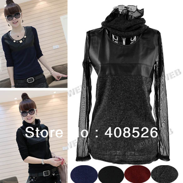 New Sexy Women's Top Detachable Collars Synthetic Leather Splicing Turtleneck Long Sleeve T-shirt With Necklace shipping 9474