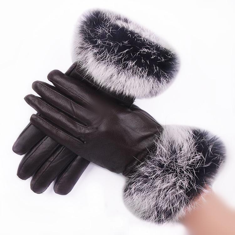 New Sheepskin Genuine Leather Rabbit Fur Decoration Winter Thickening Thermal Finger Gloves for Women Female Free Shipping ST1