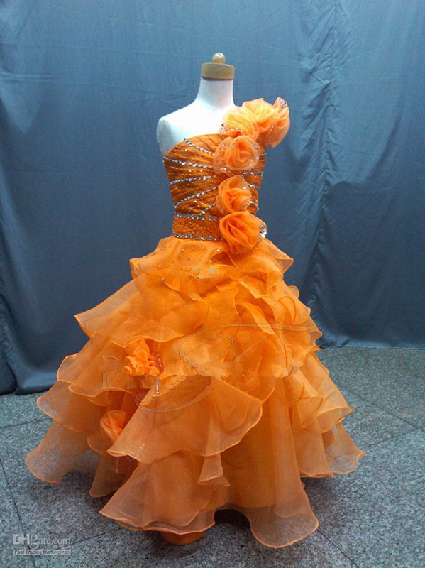 NEW shining beading hand made flowers one-shoulder orange girls special occasion girls pageant dress