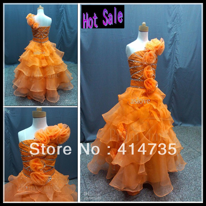 NEW shining beading hand made flowers one-shoulder orange yellow Flower Girls Dresses girls special occasion girls pageant dress