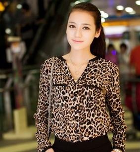 New south Korean style fashion 2013 leopard print women long sleeve shirt, v-neck/free shipping