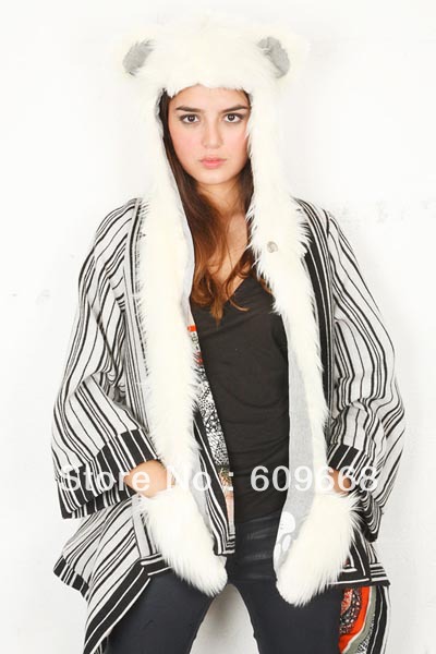 new spirit hood winter animal cartoon faux fur hats white polar bear hood with gloves TY908