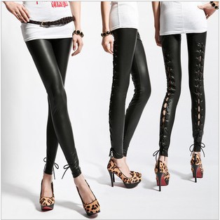 New spring and summer 2013 fashion and leather strap stitching pants VQ562 Free shipping Lowest price Womens leggings Look black