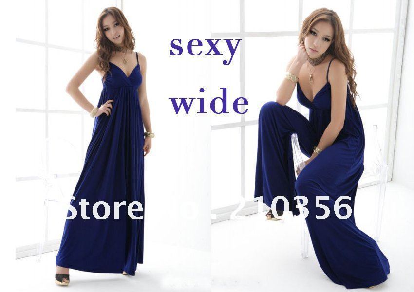 New! Spring and summer Women's Spaghetti Jumpsuits Sexy Wide Leg Pants Trousers (Blue or black ) Free Shipping