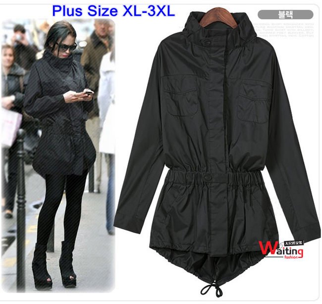New Spring Autum European Style Ladies Plus Size Black Long Adjustable Sleeve Fashion Elastic Waist Trench Coats Size XL 2XL 3XL