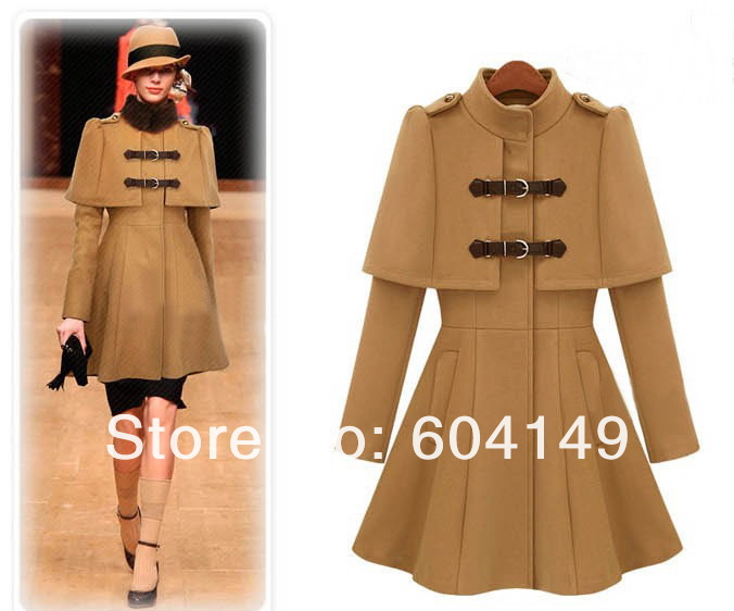 New Spring/ Autumn/ Winter Coat Leather Buckle Slim Fit Stand Collar Mantle Cloak Ladies' Overcoat Free Shipping