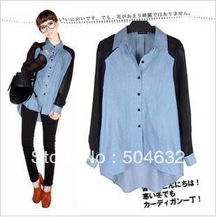 New Spring clothing Thin Chiffon long-sleeved CONTRASTCOLOR splice turndown collar Denim shirt women's blouse