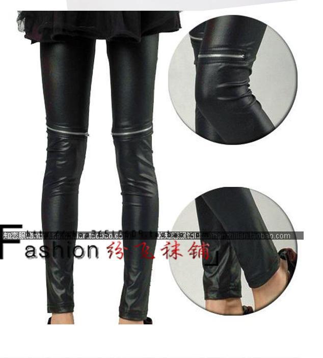 New Spring Fashion Black Solid Zipped Ankle Length Women's Leather Leggings 2013