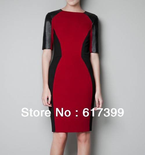 New Spring Fashion  ladies Women half Sleeve Round Neck Leather Stitching Sexy Slim Dress Red Dresses