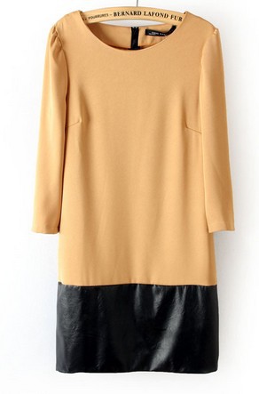 New Spring Fashion Women Ladies Wild Round Neck Puff PU Leather-Hem Dress Free Shipping
