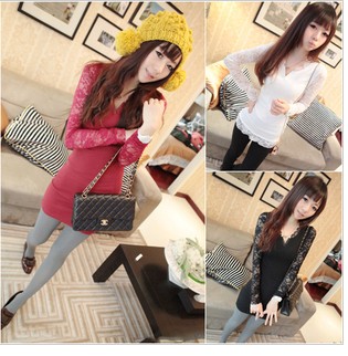New spring small fresh sexy small V-neck placketing lace sleeve slim thread cotton basic t shirt