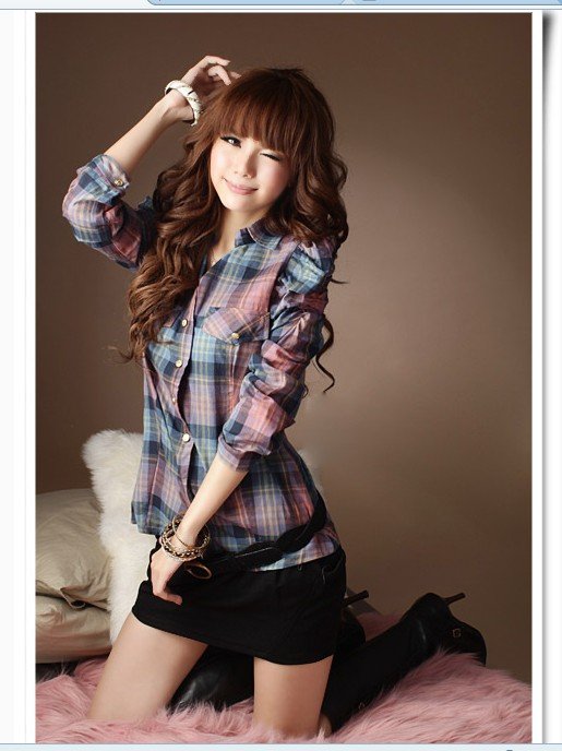 New Spring Summer Autumn lapel Puff Sleeve blouse  long sleeve  Scotland plaid shirt  women's blouses  100% cotton shirt
