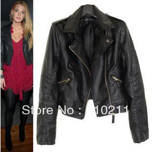 New spring washed PU leather motorcycle jacket short paragraph Ms. small leather lapel Slim female