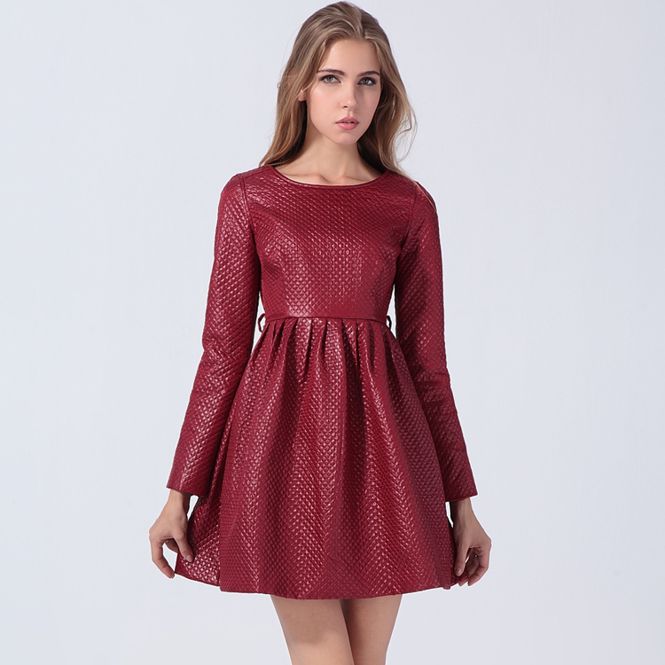 new style fashion  book autumn and winter fashion faux leather embossed pressed cotton check one-piece dress