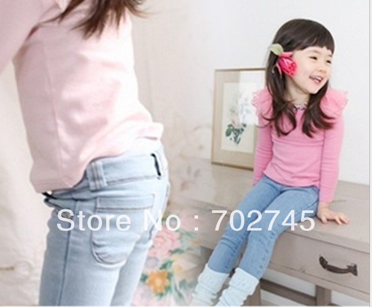 New Style Girl  Jeans Children Clothes Elastic Waist Jeans 2 Color CK-3005 Blue Light Blue