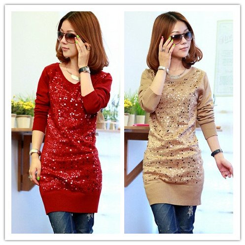 NEW style Paillette Long Version Lady  Autumn winter Sweater Red&Apricot Good Quality Sweaters