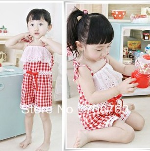 New Style Red Plaid Bowknot Lace Floral Overalls Rompers Suits Sets For Baby Kids Girls Wholesales 1 Pack 5 Pieces Free Shipping