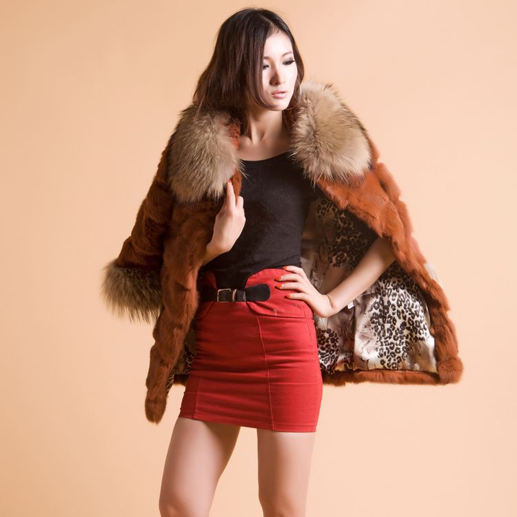 New Style Retail wholesale Wholeskin Rabbit Fur coat With Raccoon Dog Fur Collar Hoddie Coat