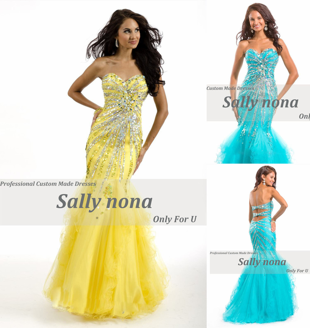New Style Sexy Mermaid Evening Dresses Sweetheart Crystal Sequin Beaded Organza Prom Dress 2013 Bandage Back Turquoise Yellow
