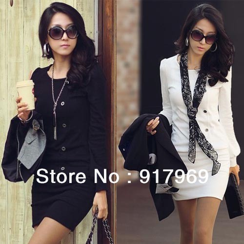 New Style Woman OL Formal Wear Round Crew Neck Long Sleeve Button Casual Dress 2 Colour Free Shipping