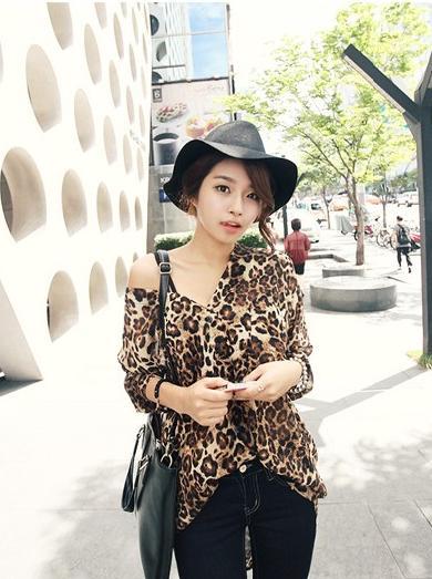 New style women elegant long sleeve deep V neck leopard loose casual chiffon shirt Lady fashion summer brief blouses 81017
