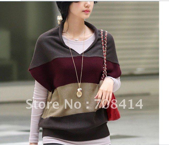 New style women fashion V-neck striped Bat sleeves sweater Pullovers free shipping