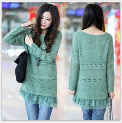 New style women's elegant long sleeve slim lace patchwork hollow out knit t-shirt/knitting sweater/fashion knitwear 1669