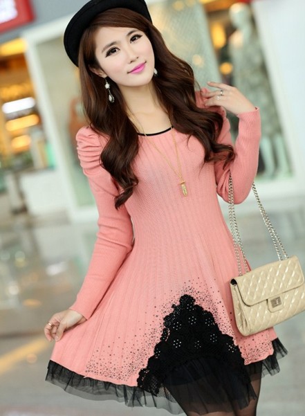 New style women's long sweater spring/autumn knitwear stylish knit dress lady's knitted skirt puff sleeve 204328  Free shipping
