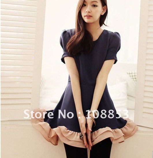 New Style Women's Sweet Double Layer Lotus Leaf Hem Bubble Short Sleeve Slim One-Piece Dress Free Shipping 0060