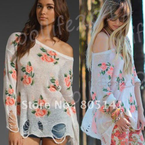 New stylish Women Fashion Vintage Sweet Rose Flower Knitwear Sweater Shirt Top
