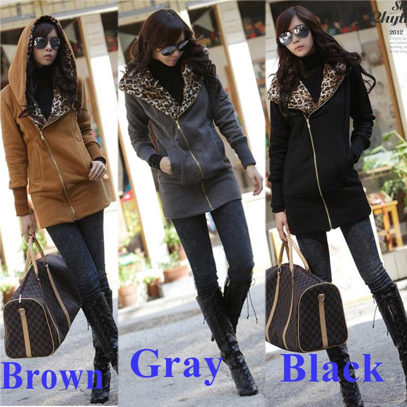 New Stylish Women's Leopard Hoodie Jacket Coat Outerwear Zips Longline Style Black / Brown / Gray ,Free Shipping Dropshipping