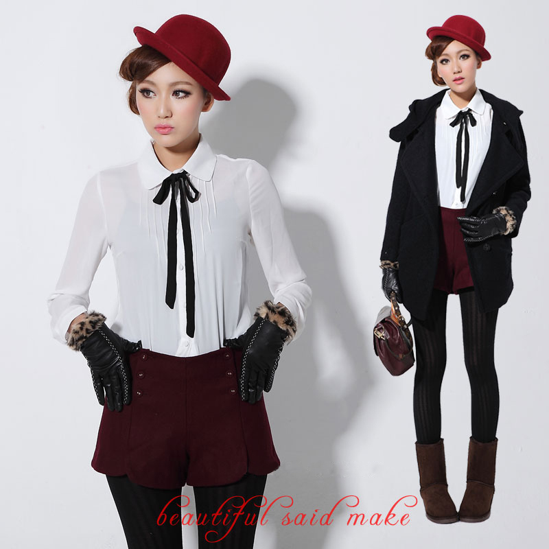 New Stylish Women's Shirt Lady Bowknot Long Sleeve Tops Bowtie Chiffon Blouse White ,Free Shipping Dropshipping