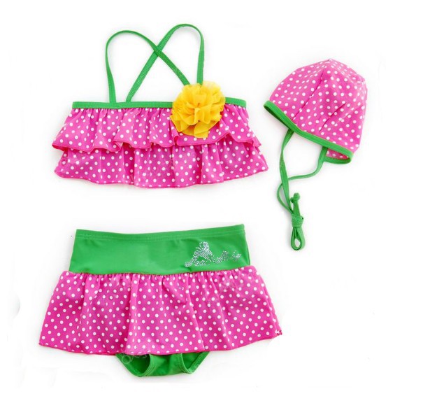 New Summer beach wears cute polka dots bikinis with caps 3pcs/set girl's swimwear kids Swim suits 5sets/lot