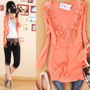 New sweet flower V-Neck  knitted sweater ladies' knitted shirt knitwear 3Colors:black,orange pink,beige  [7980]