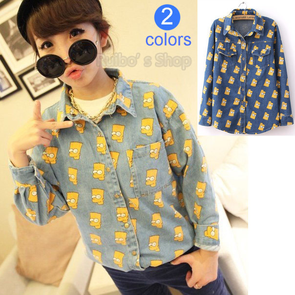 New Tops 2013 Women Fashion Denim Shirts Cartoon Simpson Print Shirt Basic Denim Top Women Cotton Blouses Free Shipping