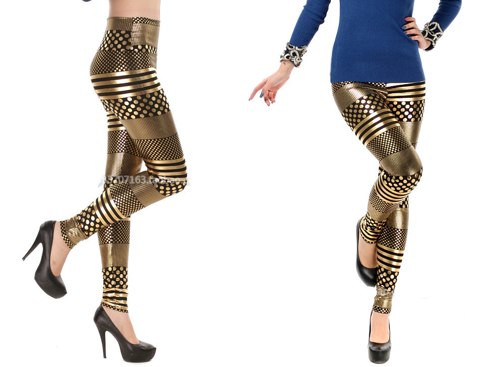 New Unique Fashion Leather-Like Silver/Gold Faux Leather Leggings With Dot Pattern+Stripe, Leggings Tights  XS-L  Two colors