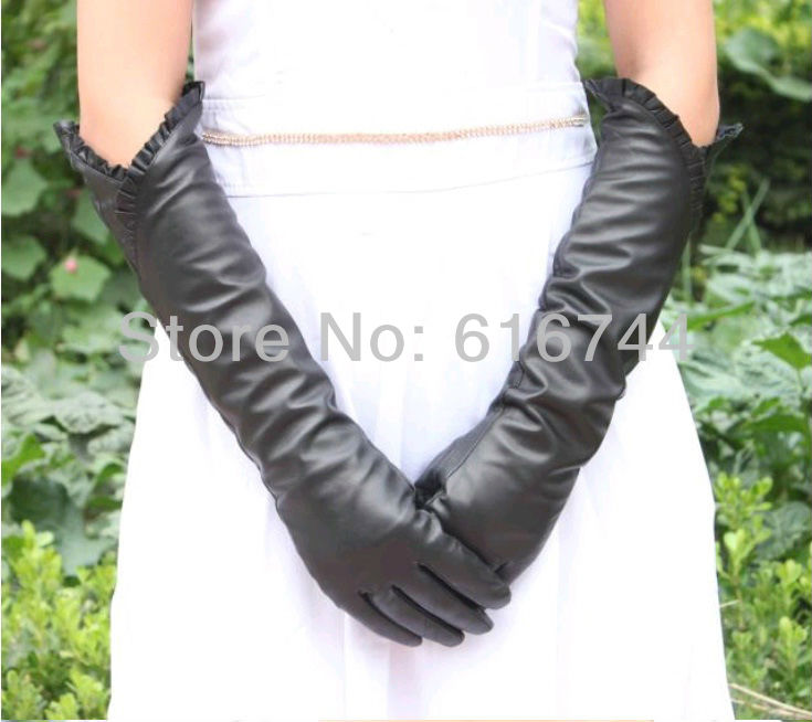 New Vintage Black Long Opera Winter Warm Gloves Genuine Lampskin Leather Flounce Size S