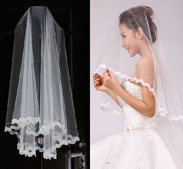 New Wedding pearl lace fashion veils 1.5m length Bridal mantilla photograph and wedding accessories wholesale-Free shipping!