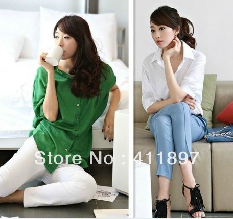 New White Sexy Women's Batwing Sleeve Shirt Loose Tops Button Down Collar Blouse Free Shipping On Promotion