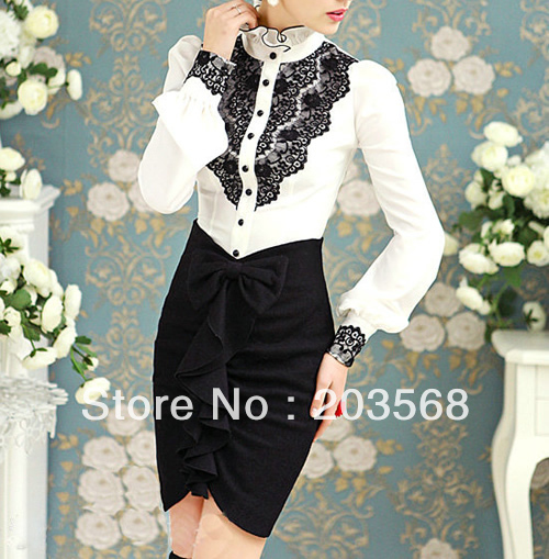 New White Womens Tops Ladies Black Lace Neck Shirts Vintage Ruffles Puff Sleeve Blouse Hot Sell