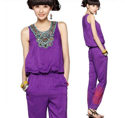 New Wholesale Korean 2012 Embroidery Vintage Jumpsuits Women fashion casual summer trousers Free shipping