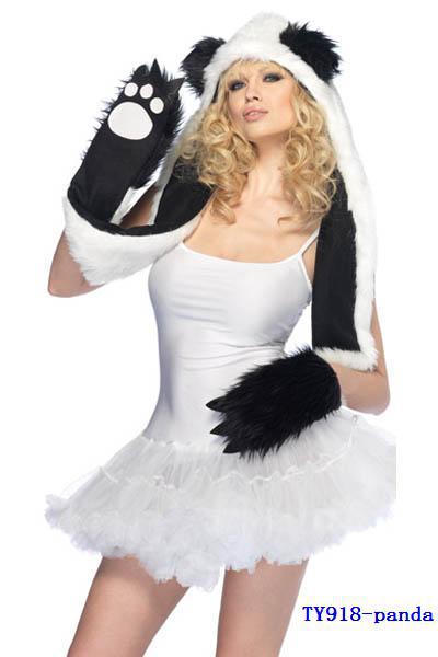 new winter animal cartoon faux fur hats with gloves plush hood white and black panda with paw scarf TY918